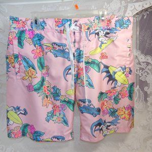 Batman Mesh Lined Swim Trunks Men's XL Pink Hawaiian Floral Surf Elastic Pre-own